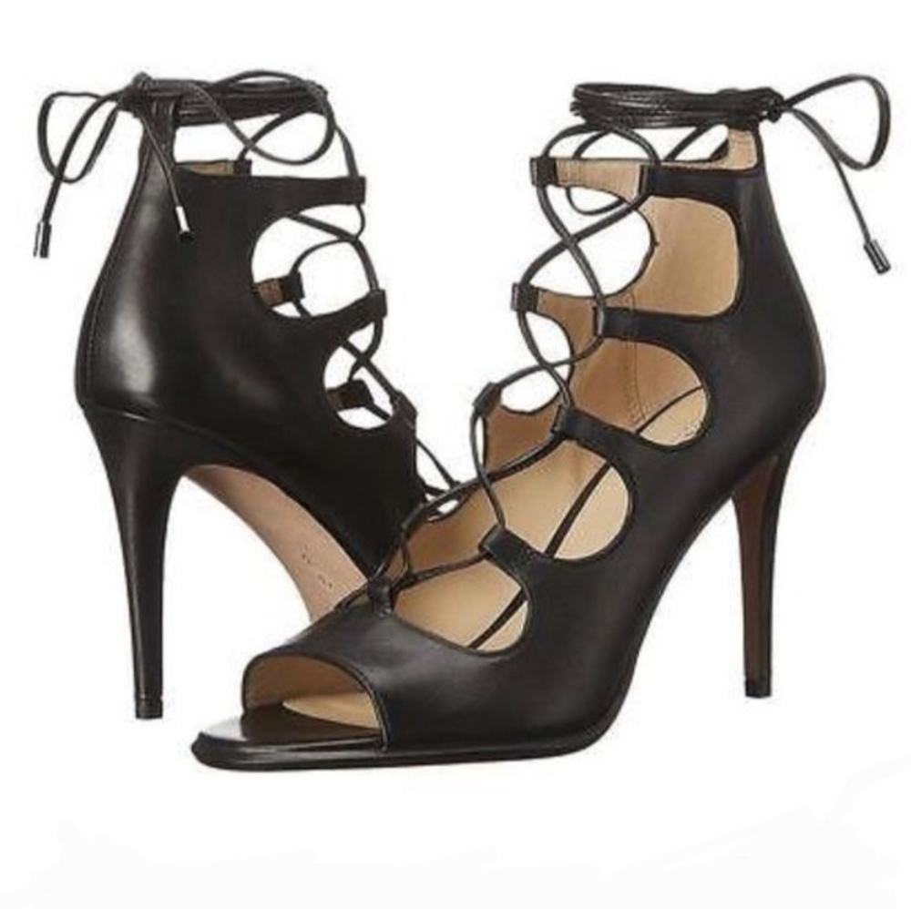 COACH Kira Lace-Up Black Leather Heels - Picture 3 of 14